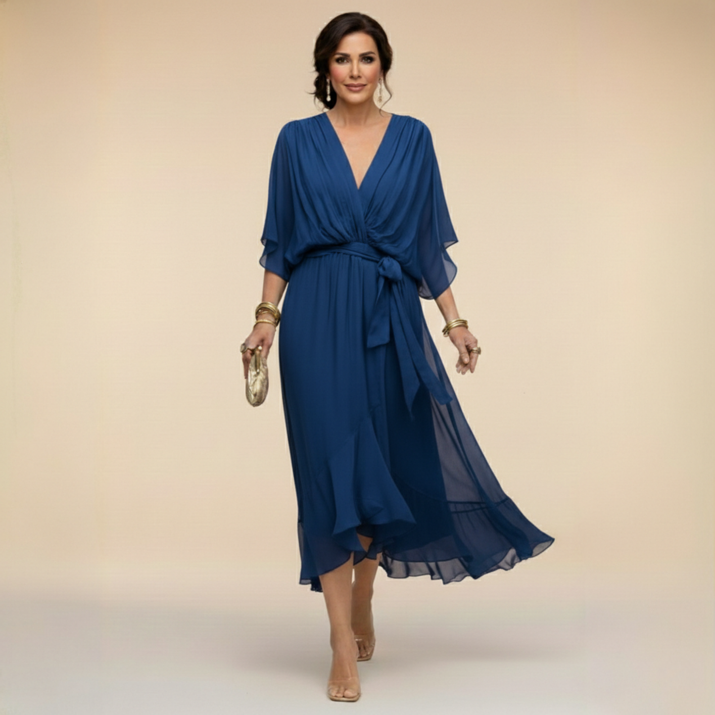Women's Midi Dress | Elegant V-Neck Wrap & Flowing Occasion