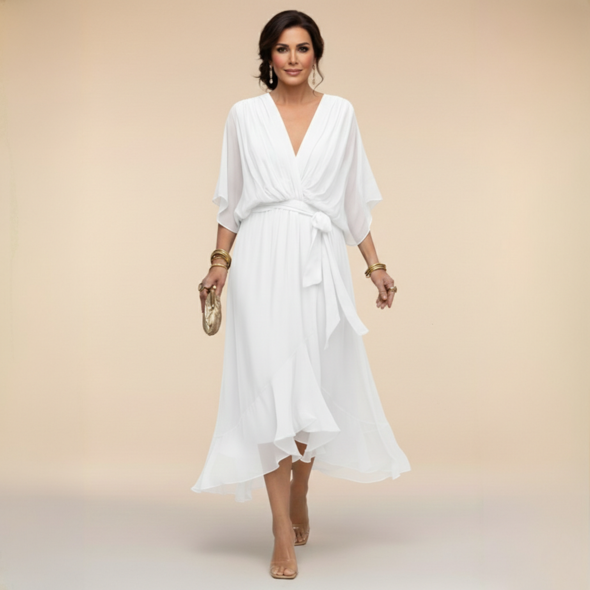Women's Midi Dress | Elegant V-Neck Wrap & Flowing Occasion