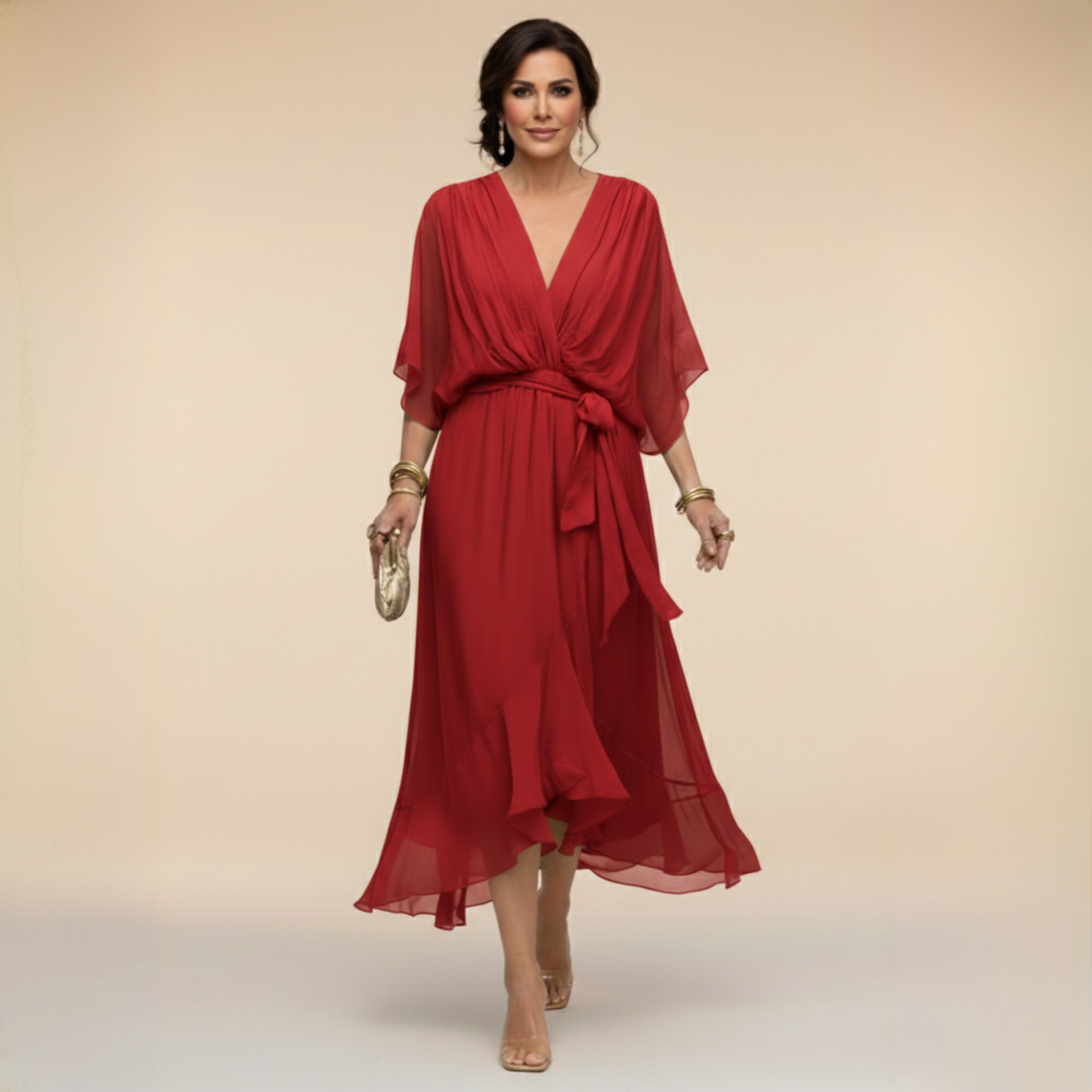 Women's Midi Dress | Elegant V-Neck Wrap & Flowing Occasion