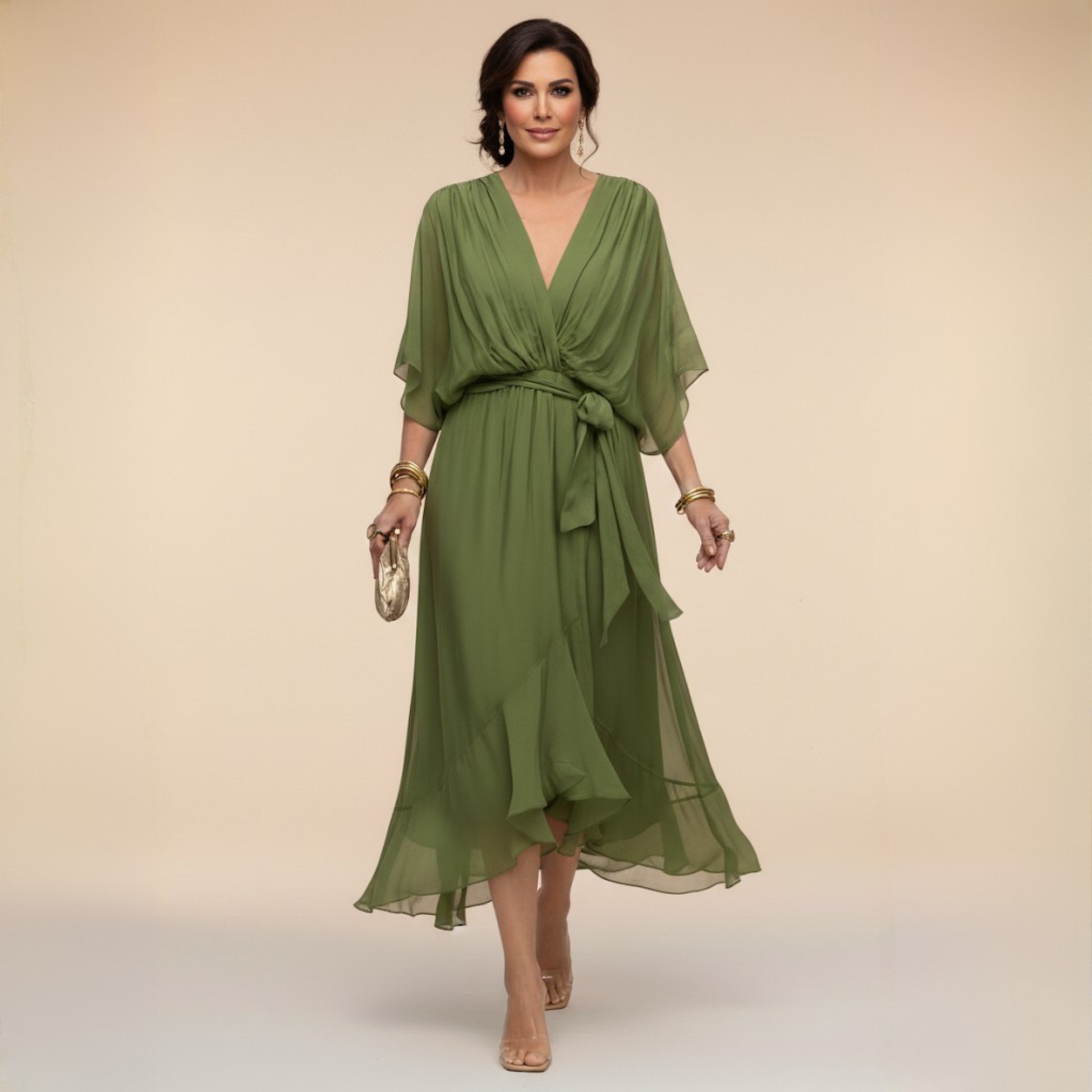 Women's Midi Dress | Elegant V-Neck Wrap & Flowing Occasion