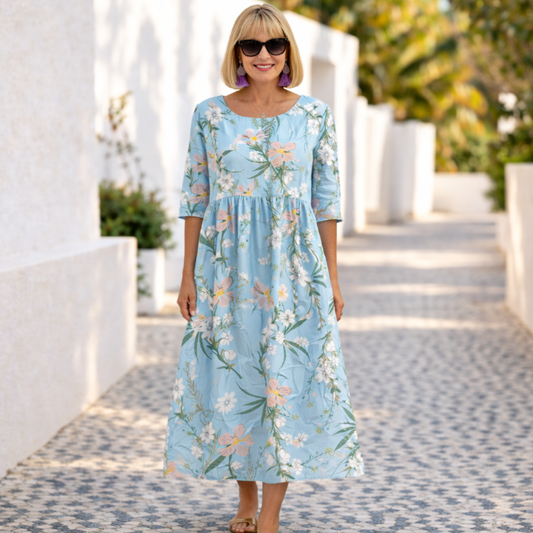 Women's Midi Dress | Floral Print Half Sleeve Swing