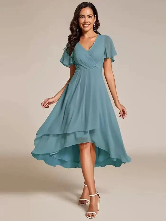 Women's Midi Dress | Flutter Sleeves & High-Low Flowing Skirt