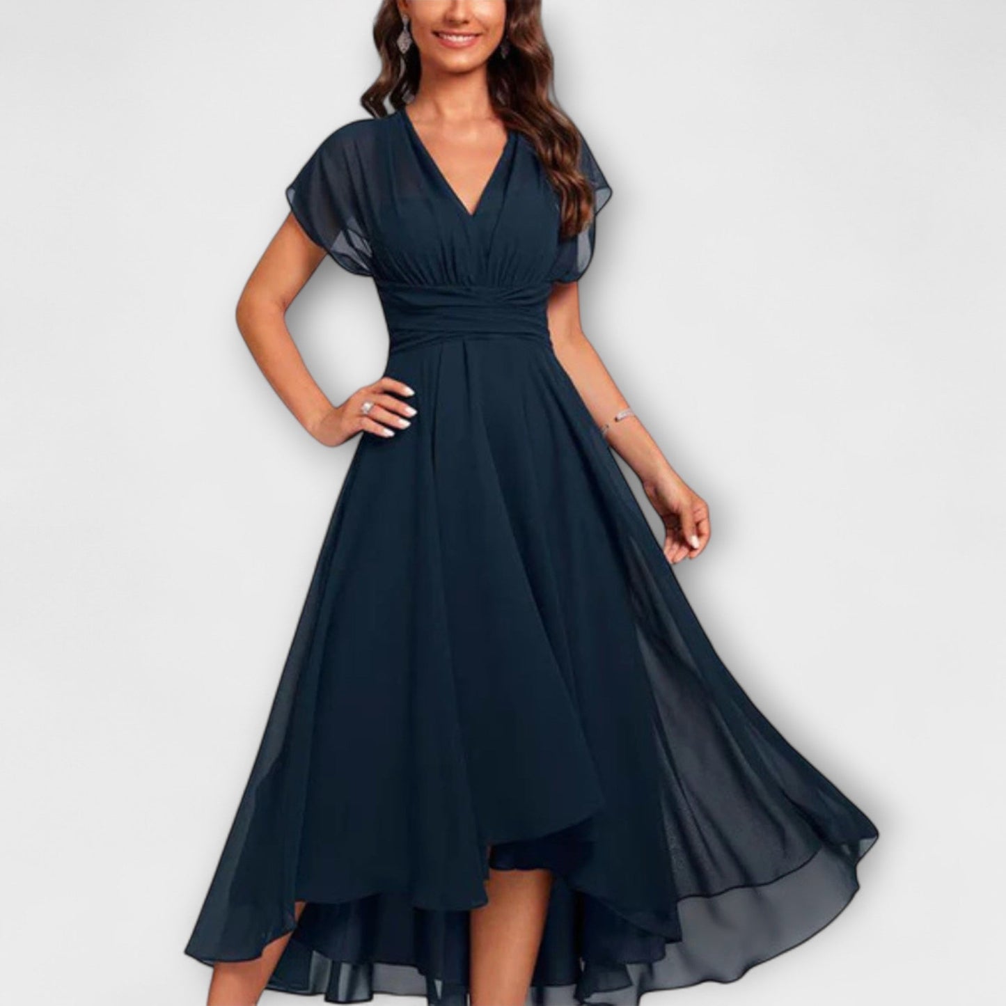 Women's Midi Dress | Flutter Sleeves & High-Low Flowing Skirt