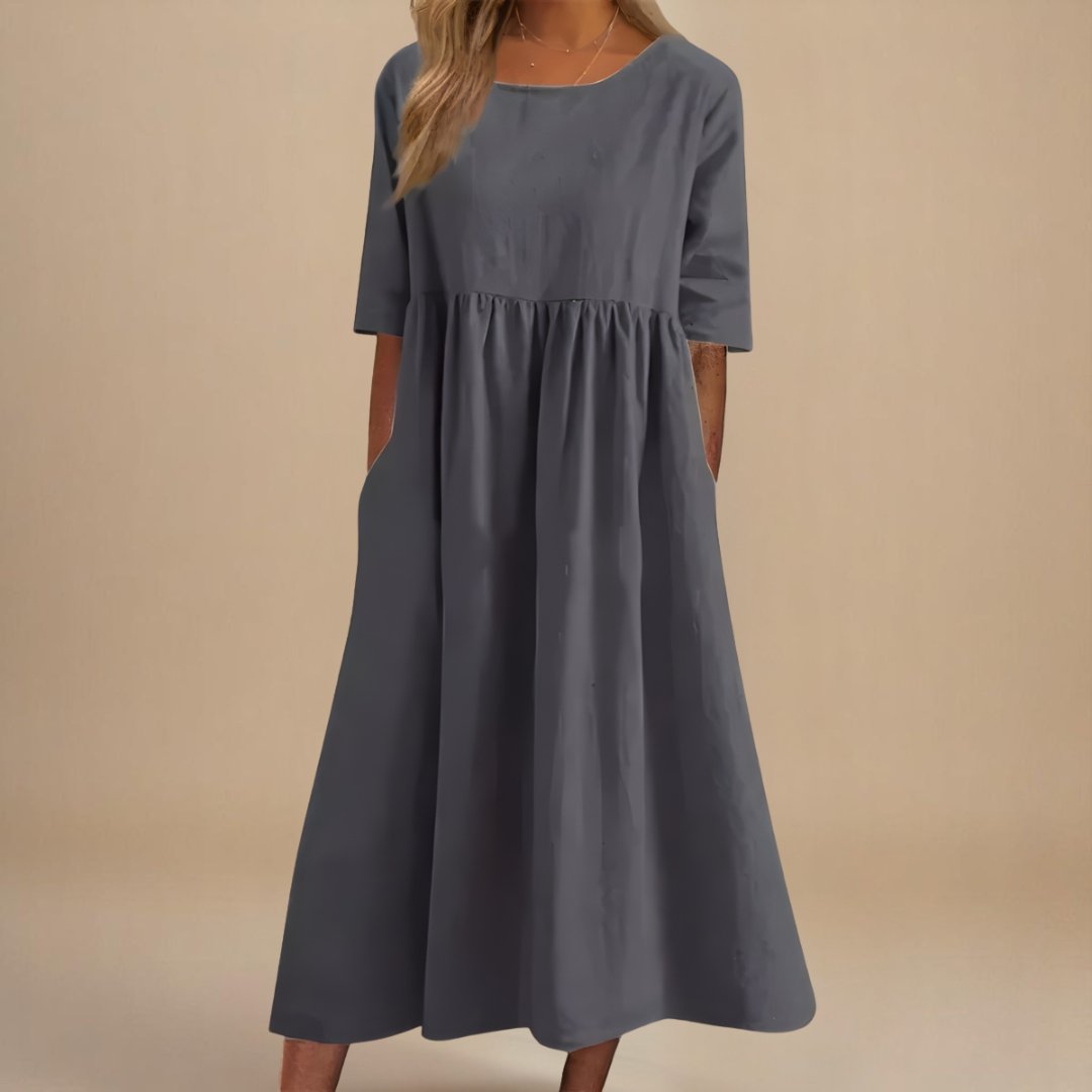 Women's Midi Dress | Gathered Waist & Relaxed Fit with Pockets