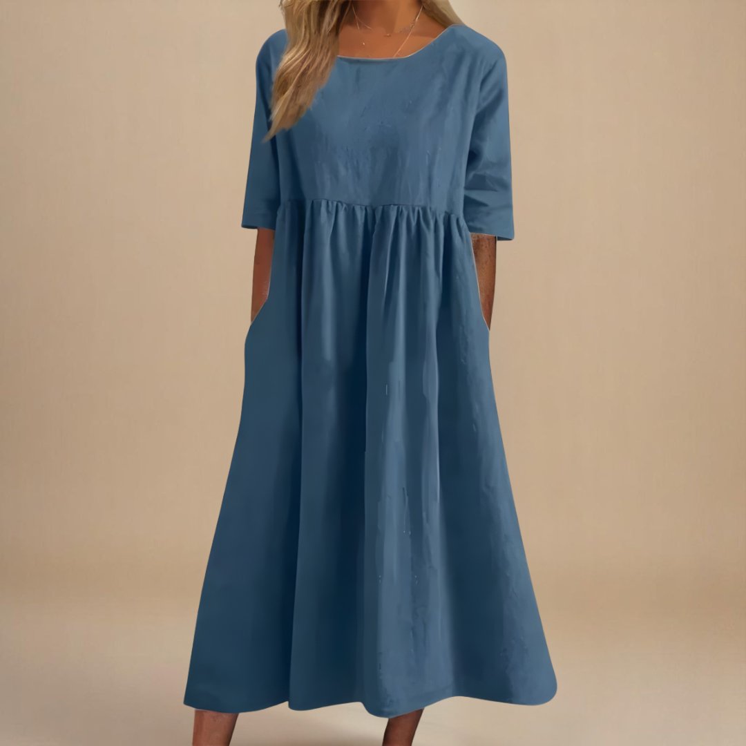 Women's Midi Dress | Gathered Waist & Relaxed Fit with Pockets