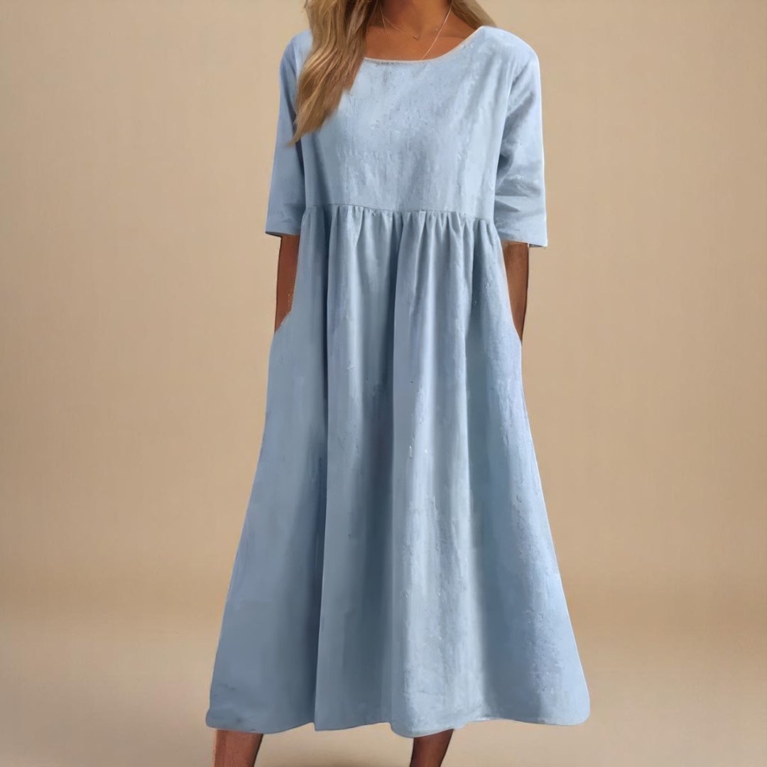 Women's Midi Dress | Gathered Waist & Relaxed Fit with Pockets