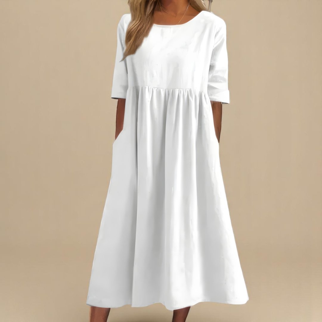 Women's Midi Dress | Gathered Waist & Relaxed Fit with Pockets