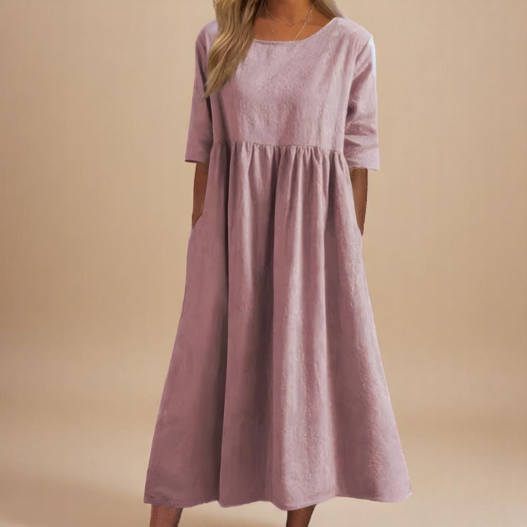 Women's Midi Dress | Gathered Waist & Relaxed Fit with Pockets
