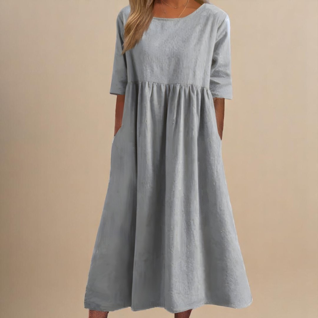 Women's Midi Dress | Gathered Waist & Relaxed Fit with Pockets
