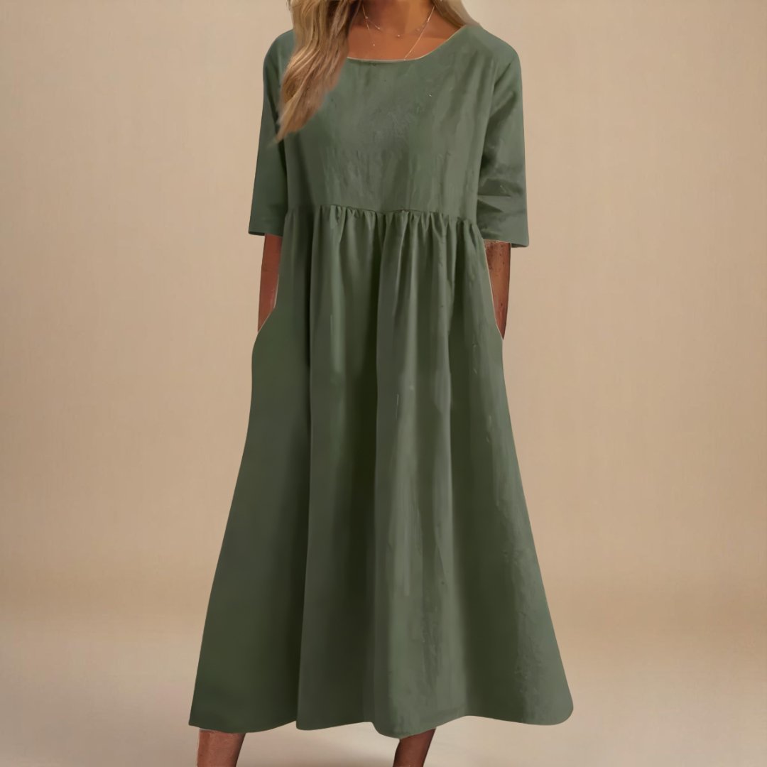 Women's Midi Dress | Gathered Waist & Relaxed Fit with Pockets