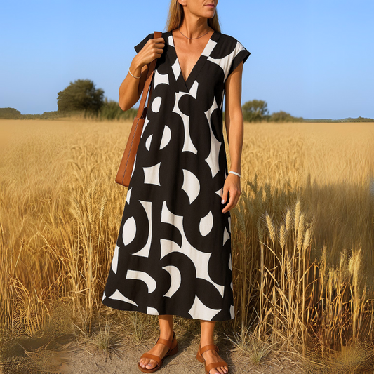 Women's Midi Dress | Geometric Print V Neck Cocoon Shape