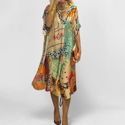 Women's Midi Dress | Graphic Print V-Neck Swing Dress