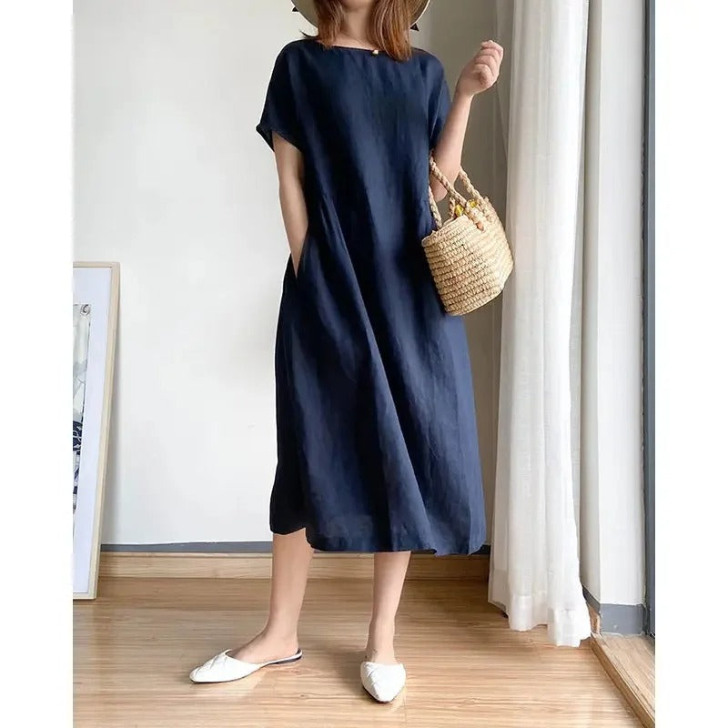 Women's Midi Dress | Linen Short Sleeve Loose Shift Dress with Pockets