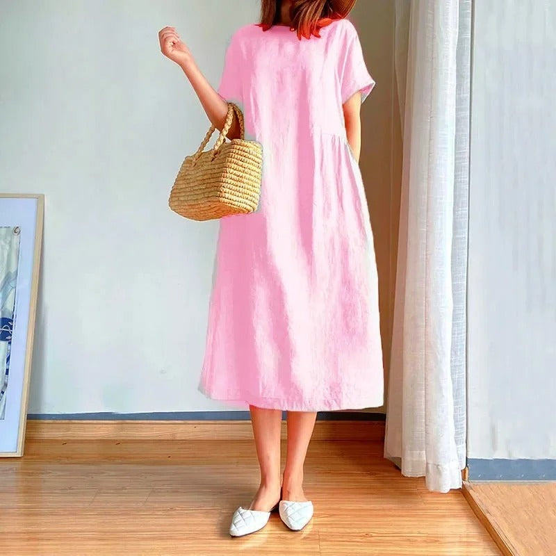 Women's Midi Dress | Linen Short Sleeve Loose Shift Dress with Pockets
