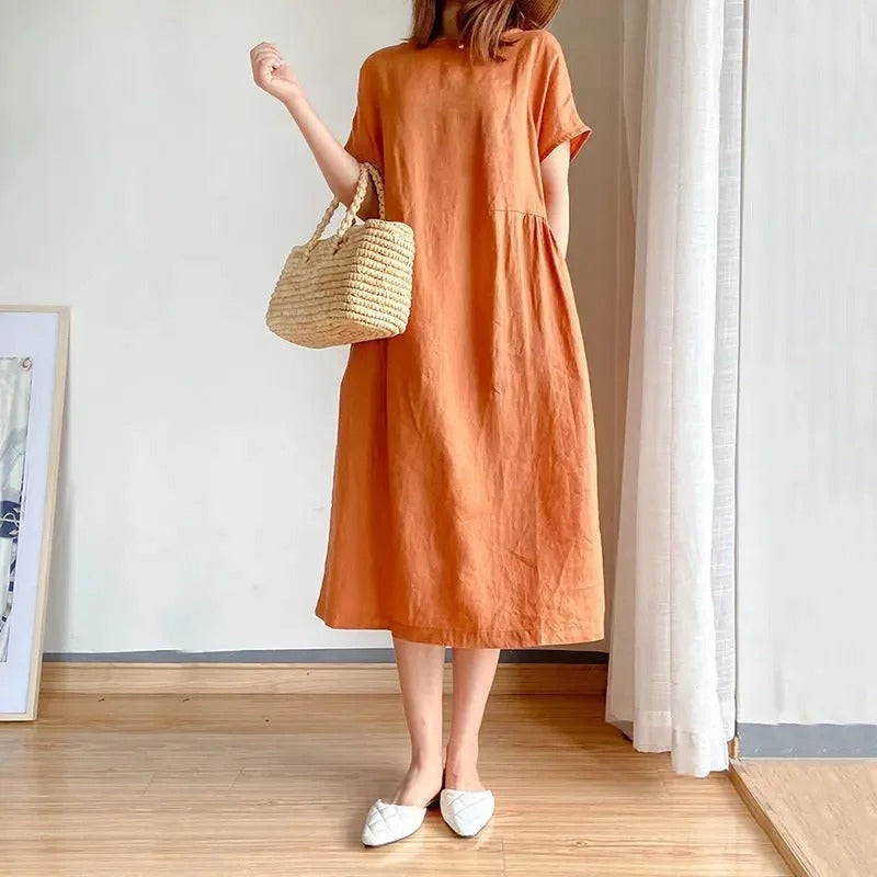 Women's Midi Dress | Linen Short Sleeve Loose Shift Dress with Pockets