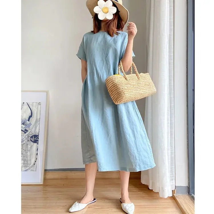 Women's Midi Dress | Linen Short Sleeve Loose Shift Dress with Pockets