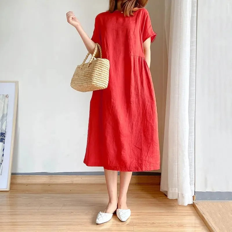 Women's Midi Dress | Linen Short Sleeve Loose Shift Dress with Pockets