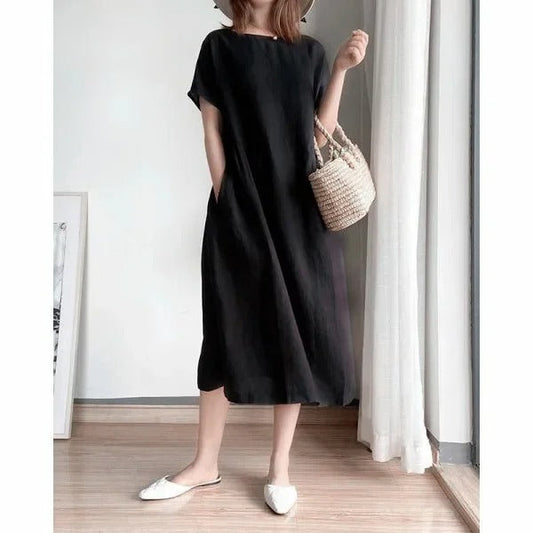 Women's Midi Dress | Linen Short Sleeve Loose Shift Dress with Pockets