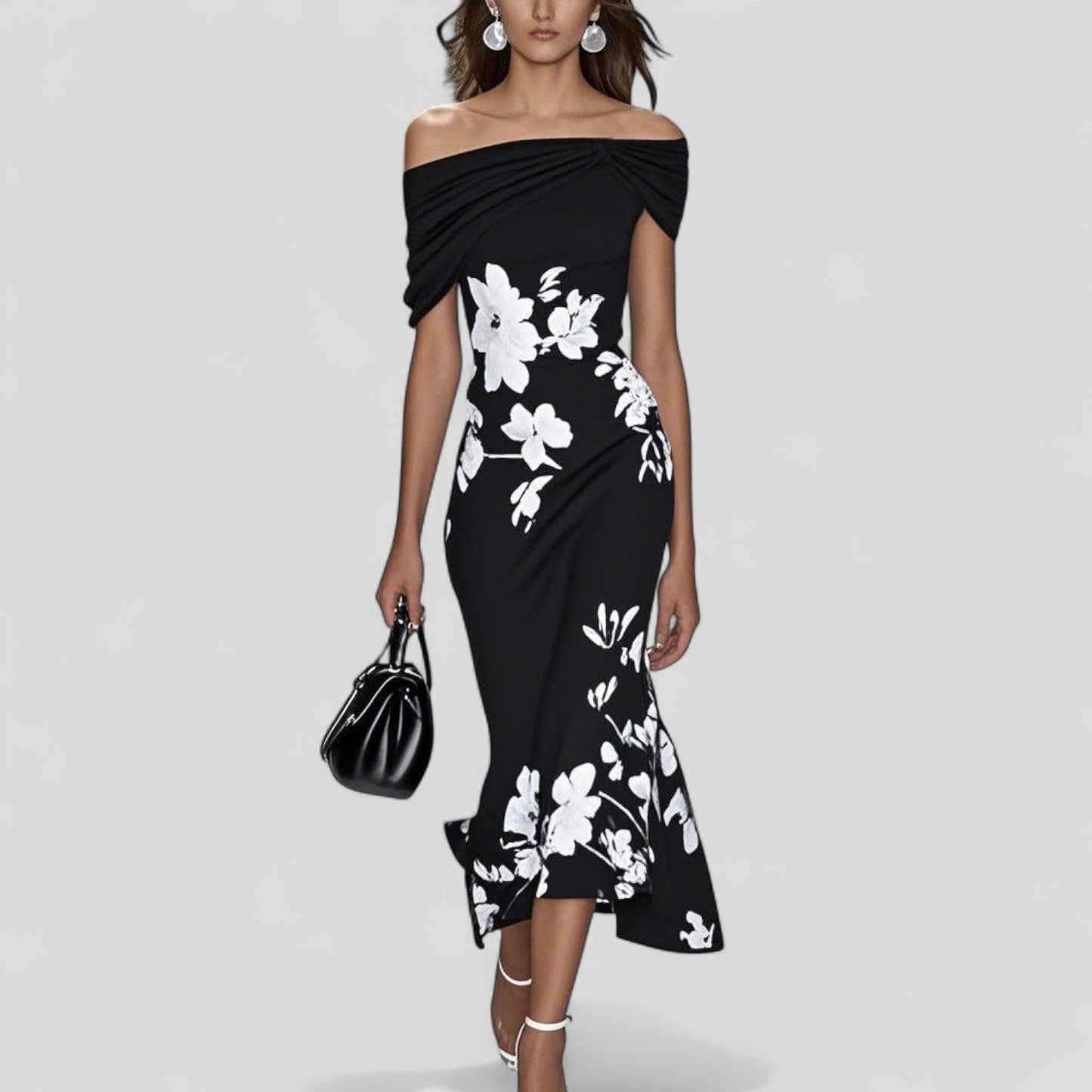 Women's Midi Dress | Off-Shoulder Floral Print & Ruffle Hem