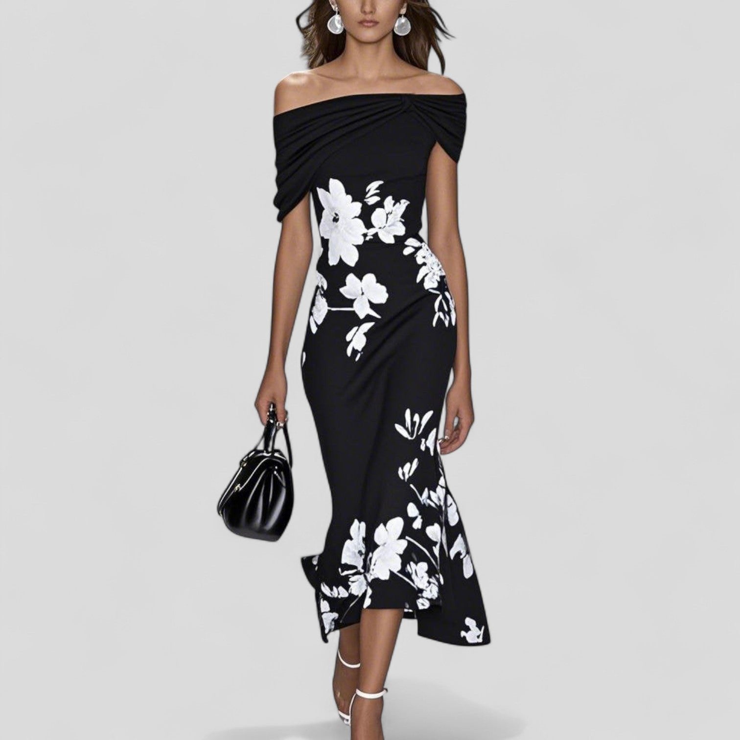 Women's Midi Dress | Off-Shoulder Floral Print & Ruffle Hem
