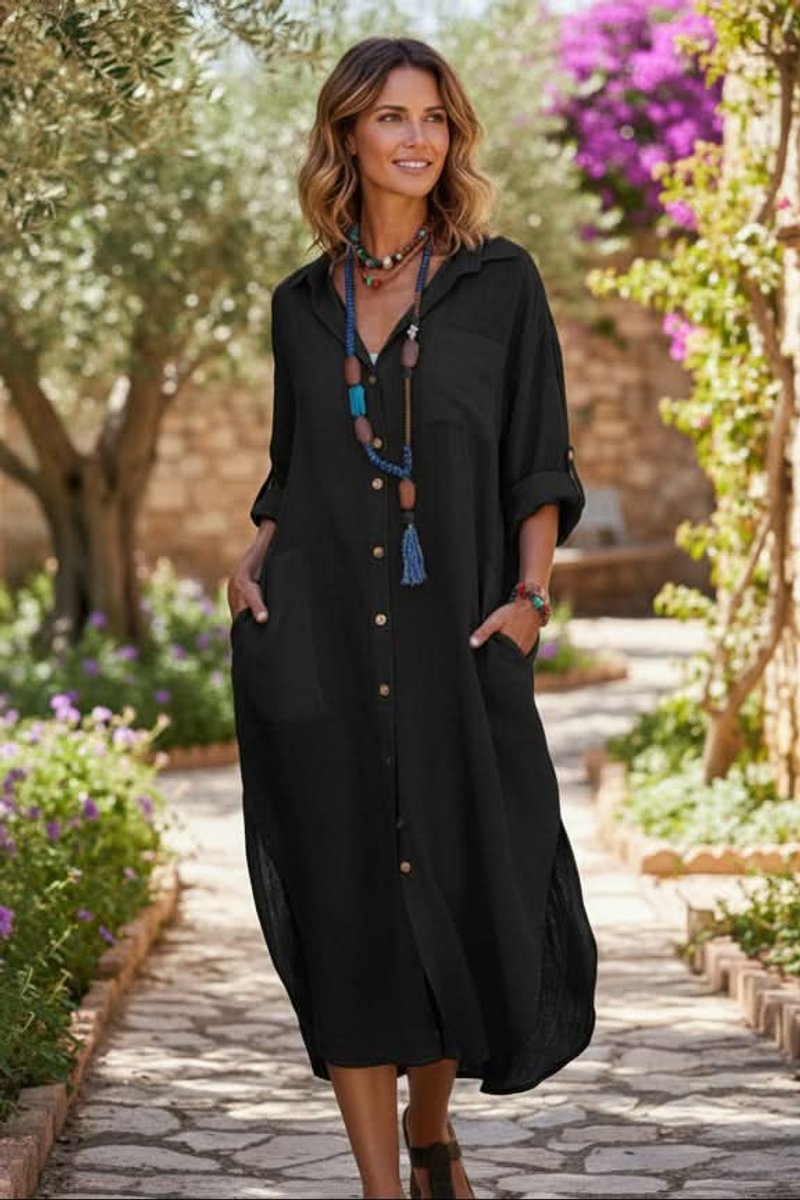 Women's Midi Dress | Oversized Linen Shirt Dress with Pockets