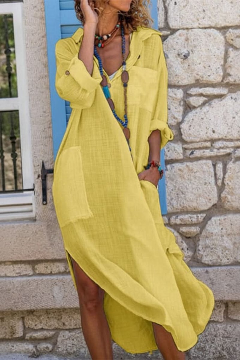 Women's Midi Dress | Oversized Linen Shirt Dress with Pockets