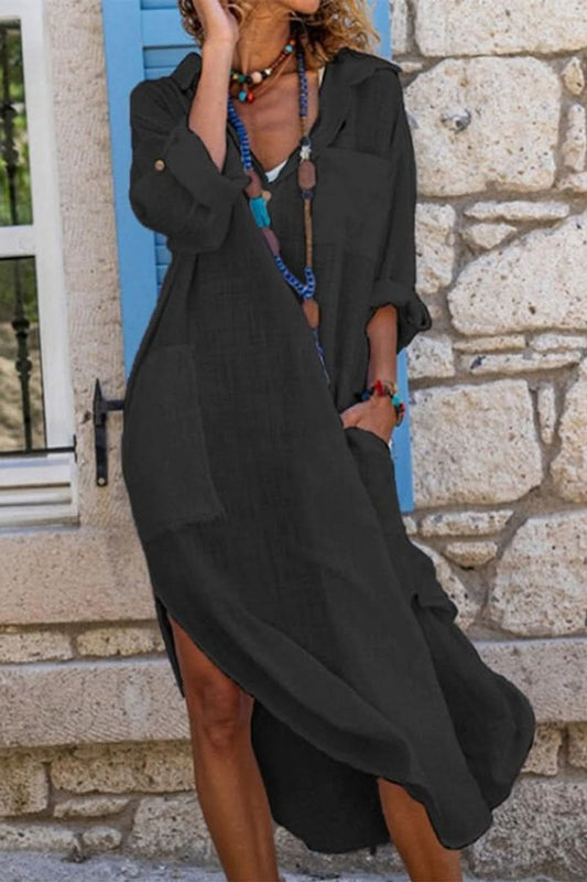 Women's Midi Dress | Oversized Linen Shirt Dress with Pockets