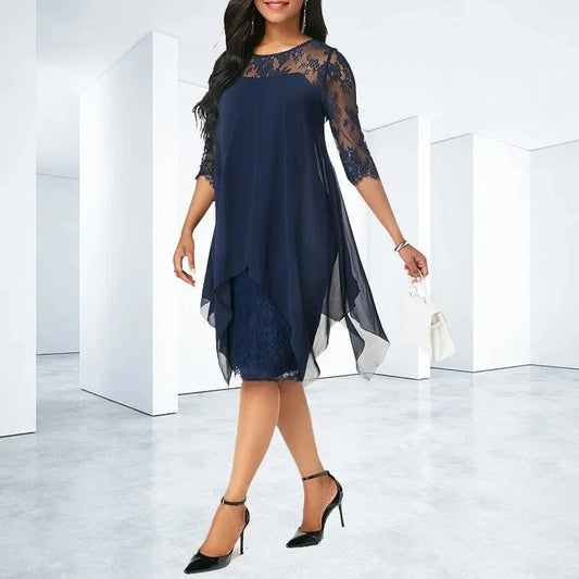 Women's Midi Dress Plus Size | Lace Detail & Asymmetric Chiffon Hem