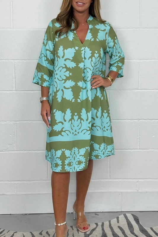 Women's Midi Dress | Relaxed A-Line Style with Split V-Neck and Three-Quarter Sleeves