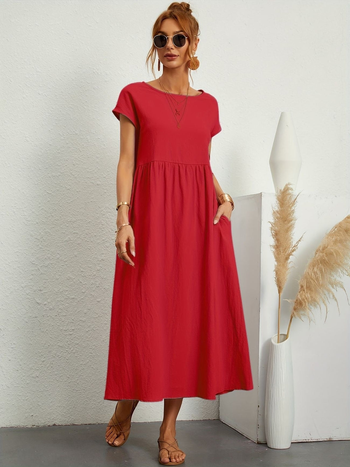 Women's Midi Dress | Round Neck Flowy A-Line
