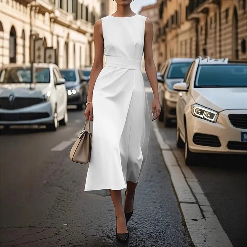 Women's Midi Dress | Round Neck Sleeveless & Draped Waist Detail