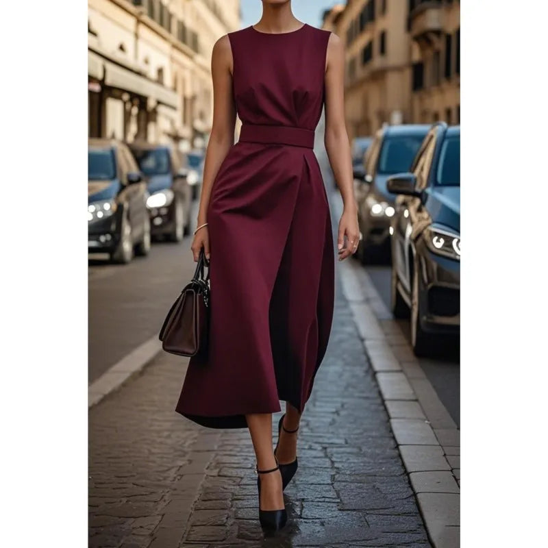 Women's Midi Dress | Round Neck Sleeveless & Draped Waist Detail