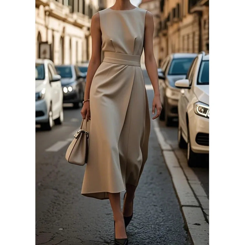 Women's Midi Dress | Round Neck Sleeveless & Draped Waist Detail