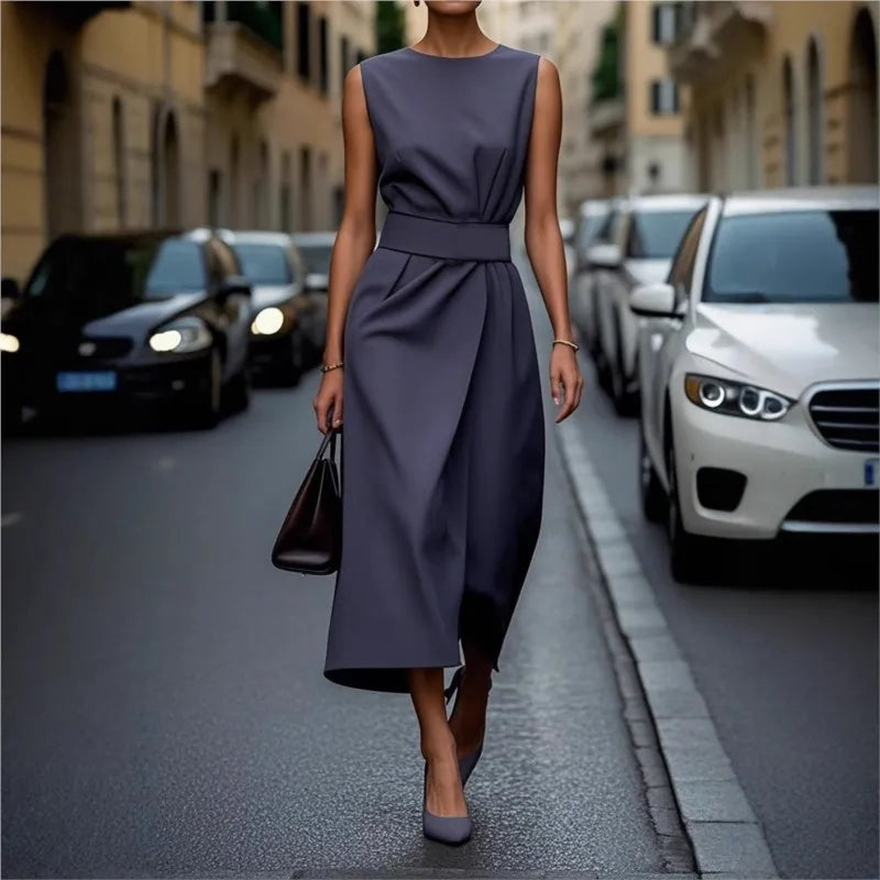Women's Midi Dress | Round Neck Sleeveless & Draped Waist Detail