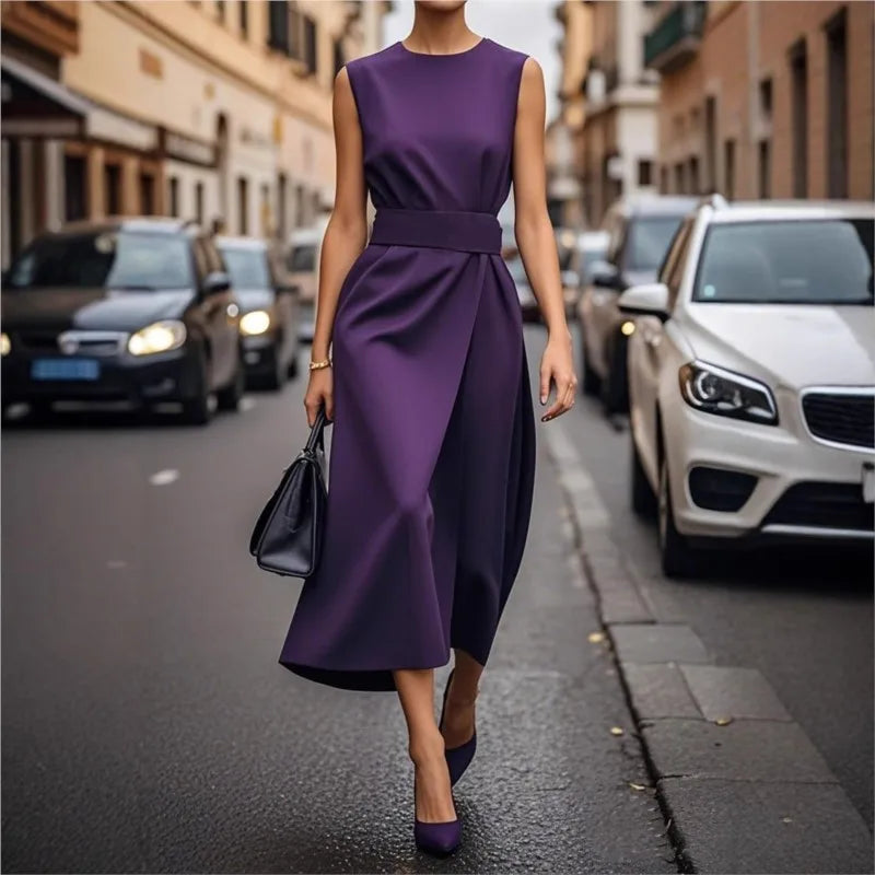 Women's Midi Dress | Round Neck Sleeveless & Draped Waist Detail