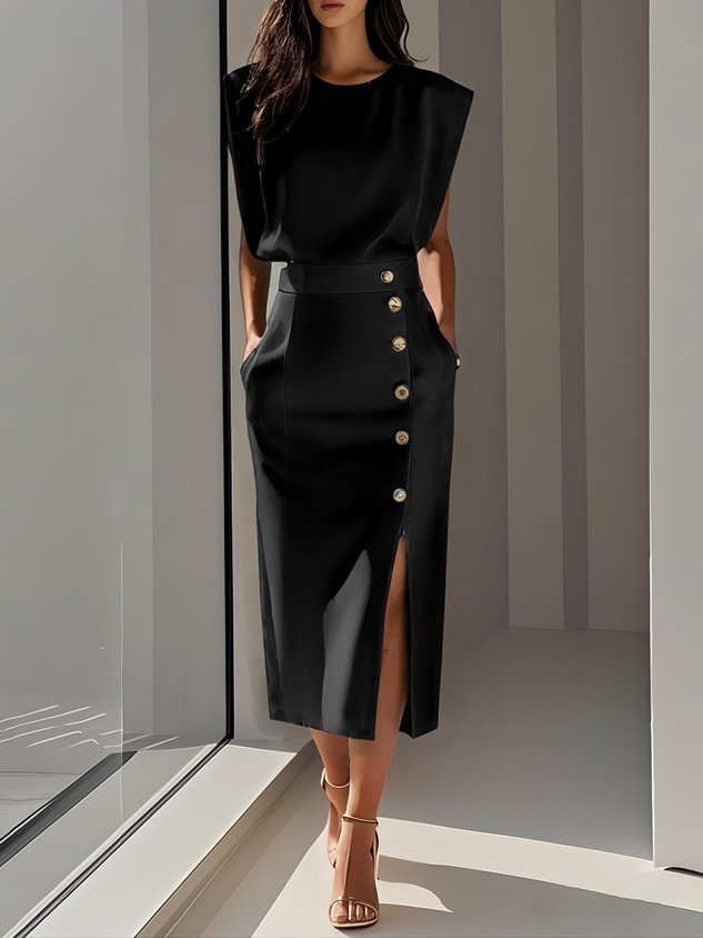 Women's Midi Dress | Sleeveless & Side Button Front Slit