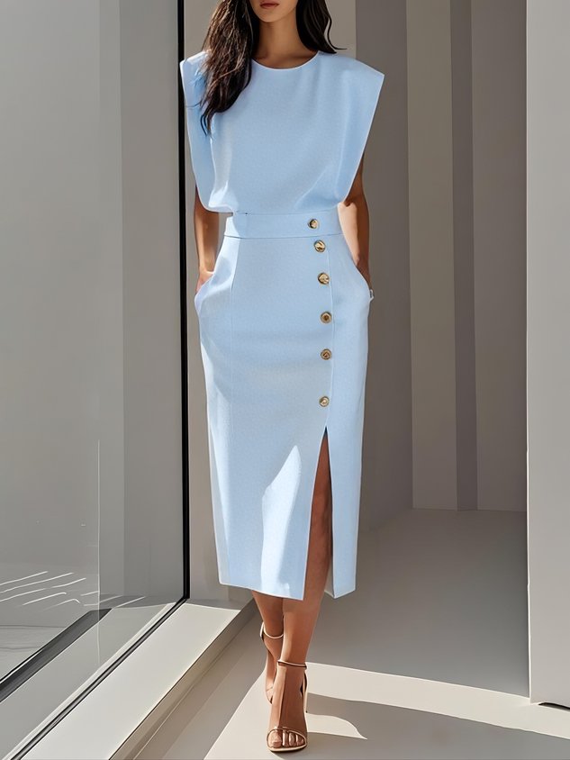 Women's Midi Dress | Sleeveless & Side Button Front Slit