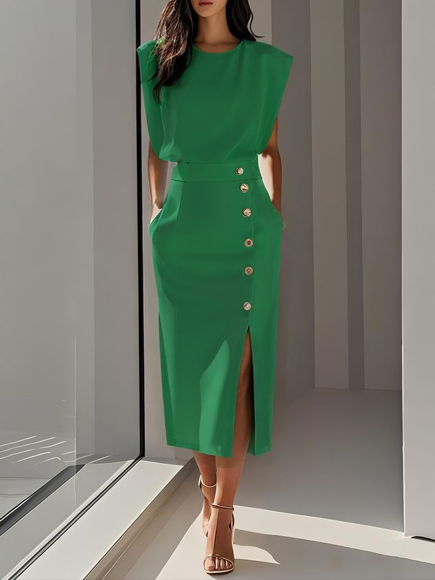 Women's Midi Dress | Sleeveless & Side Button Front Slit