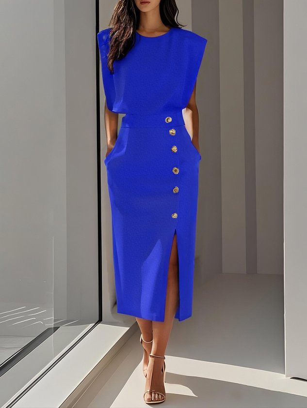 Women's Midi Dress | Sleeveless & Side Button Front Slit