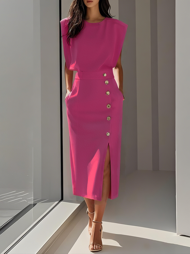 Women's Midi Dress | Sleeveless & Side Button Front Slit