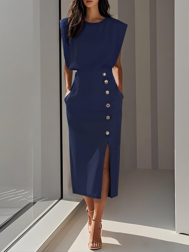Women's Midi Dress | Sleeveless & Side Button Front Slit