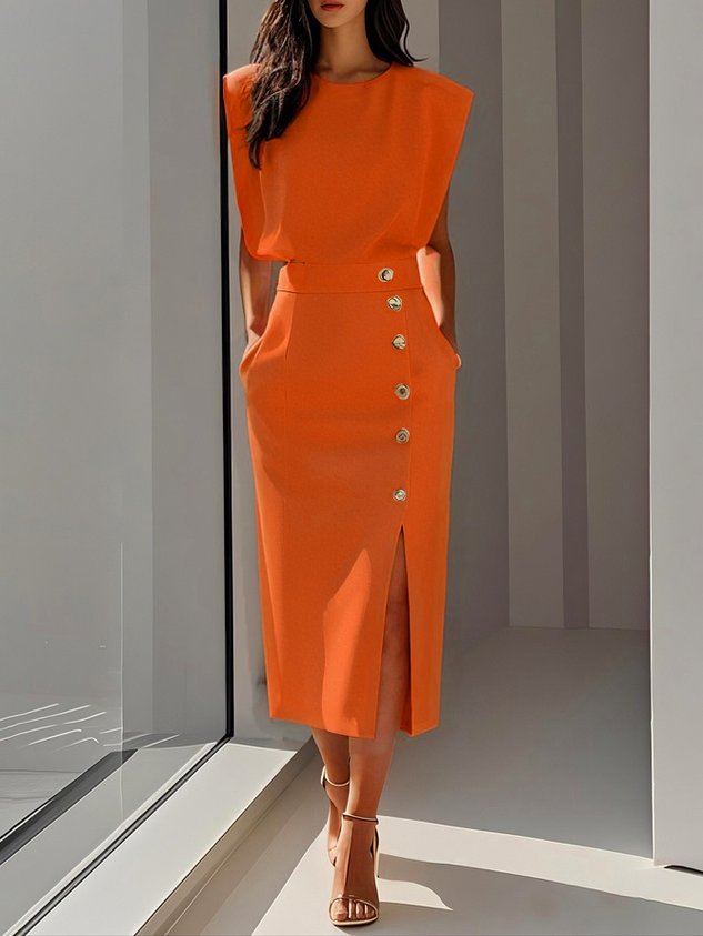 Women's Midi Dress | Sleeveless & Side Button Front Slit