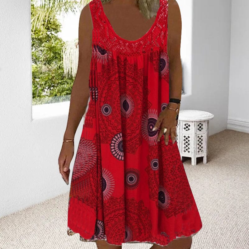Women's Midi Dress | Sleeveless Swing Style with Crochet Lace Yoke and Medallion Print