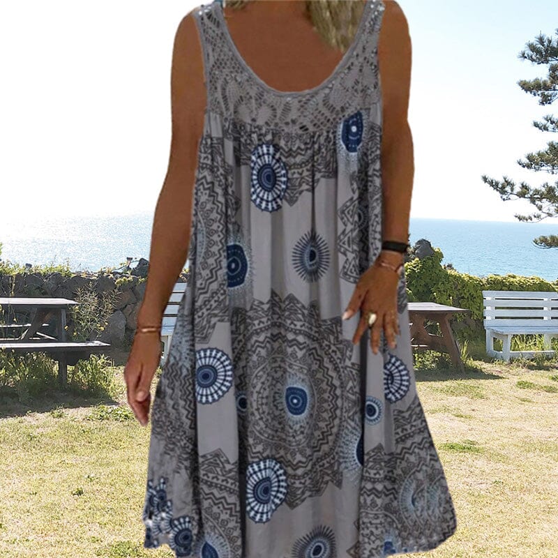 Women's Midi Dress | Sleeveless Swing Style with Crochet Lace Yoke and Medallion Print