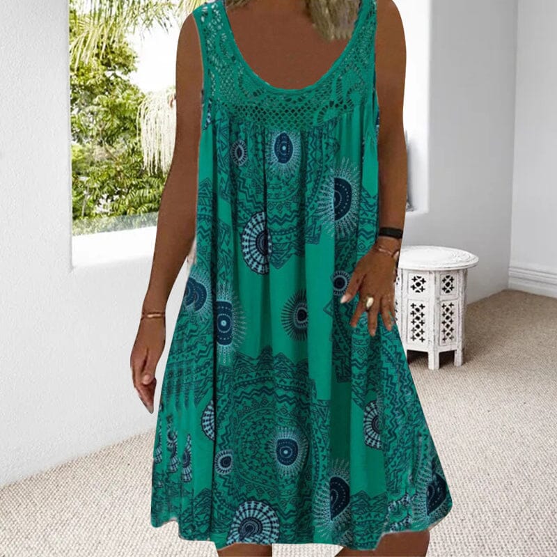 Women's Midi Dress | Sleeveless Swing Style with Crochet Lace Yoke and Medallion Print