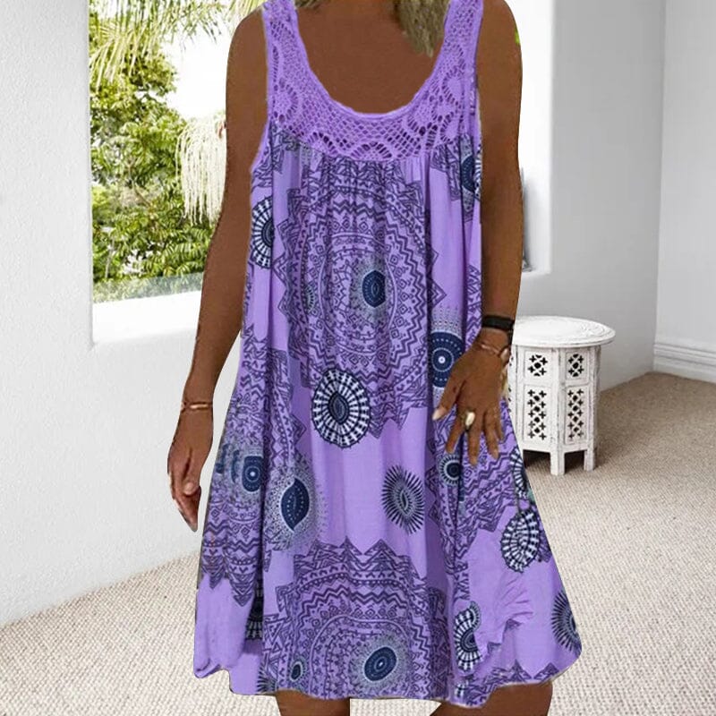 Women's Midi Dress | Sleeveless Swing Style with Crochet Lace Yoke and Medallion Print