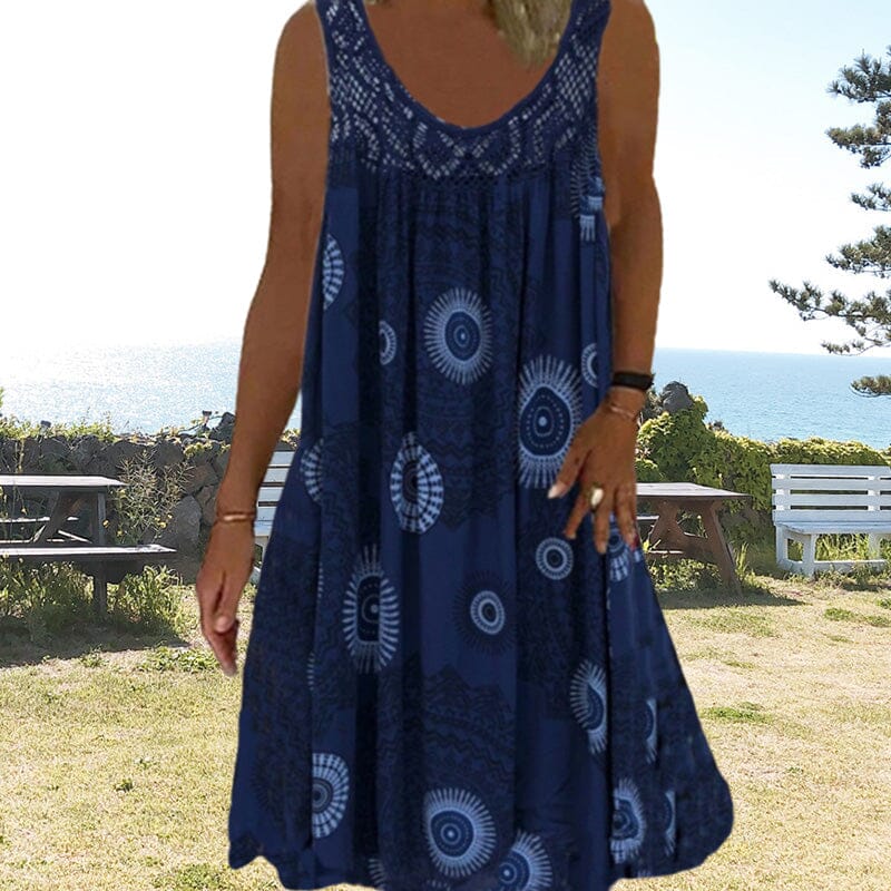Women's Midi Dress | Sleeveless Swing Style with Crochet Lace Yoke and Medallion Print