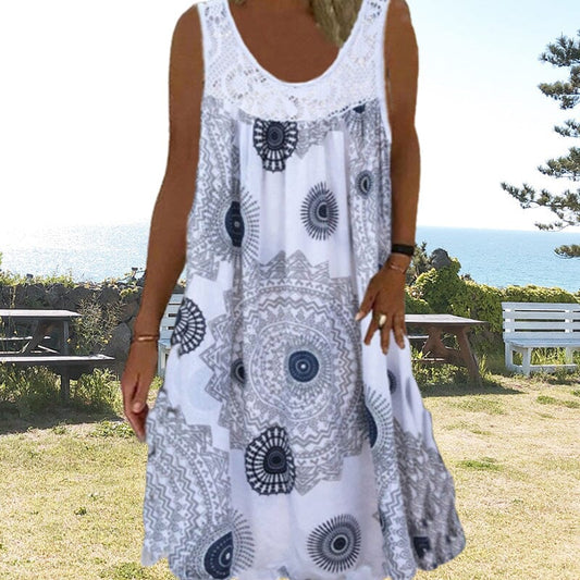 Women's Midi Dress | Sleeveless Swing Style with Crochet Lace Yoke and Medallion Print