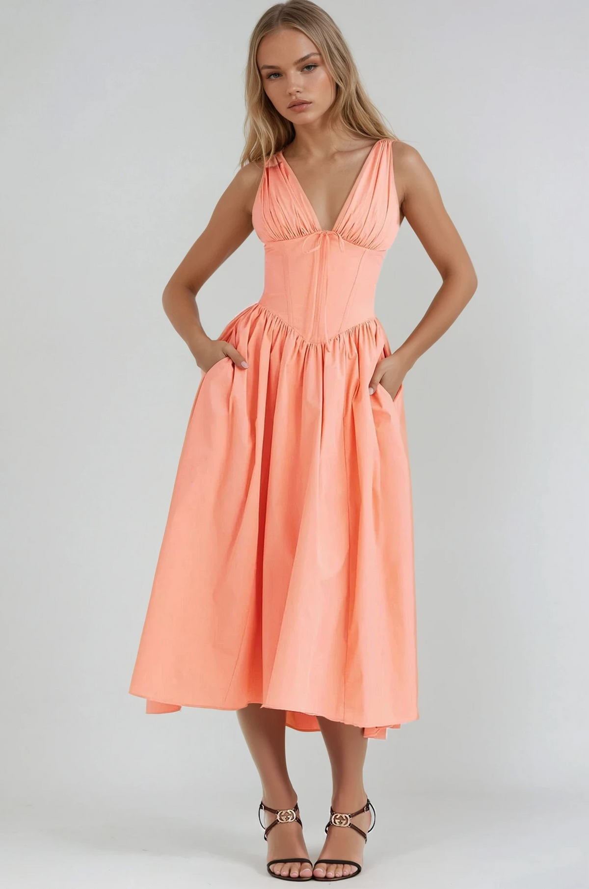Women's Midi Dress | Sleeveless V-Neck Floral with Fitted Bodice and Full Skirt