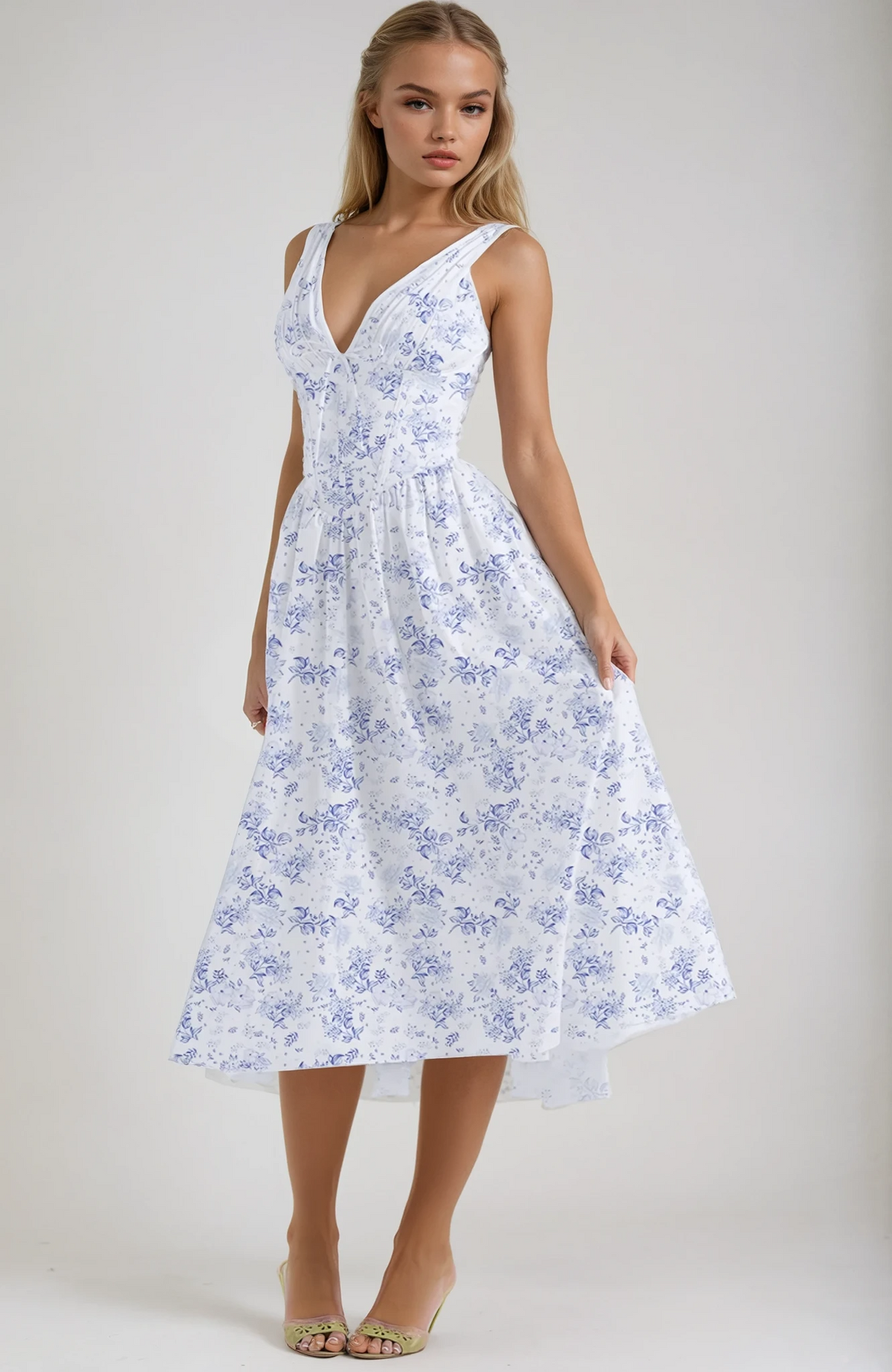 Women's Midi Dress | Sleeveless V-Neck Floral with Fitted Bodice and Full Skirt